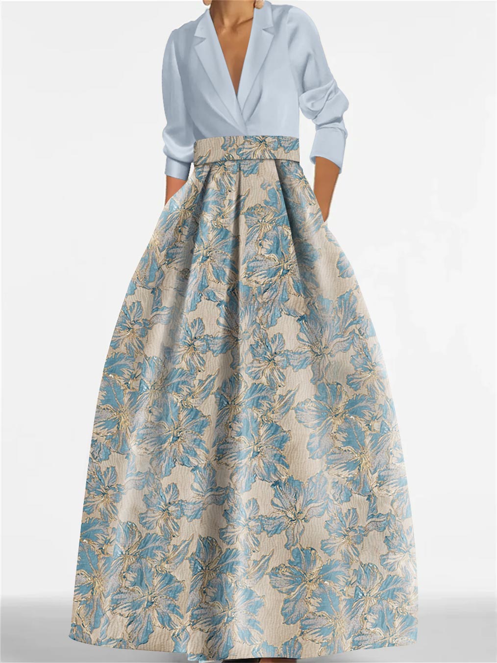 Elegant A-Line Mother of the Bride dress featuring 3/4 sleeves and a delicate floral print, perfect for a stylish wedding ensemble. 1