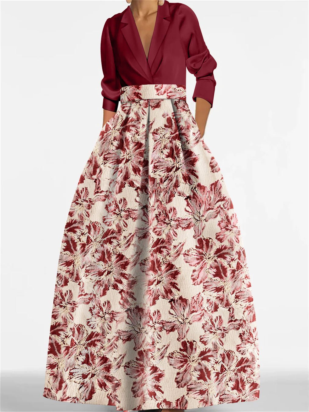 Elegant A-Line Mother of the Bride dress featuring 3/4 sleeves and a delicate floral print, perfect for a stylish wedding ensemble. 9