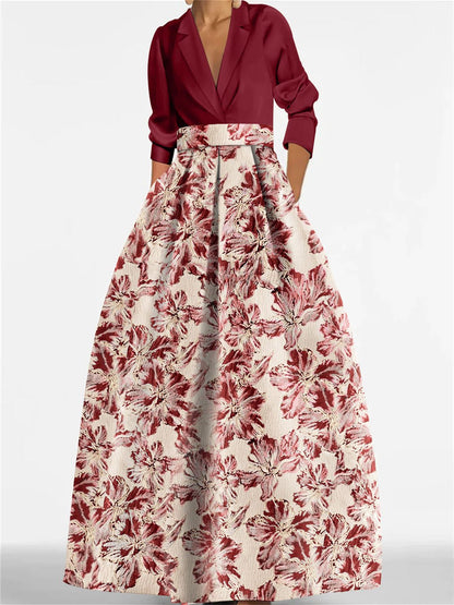 Elegant A-Line Mother of the Bride dress featuring 3/4 sleeves and a delicate floral print, perfect for a stylish wedding ensemble. 9