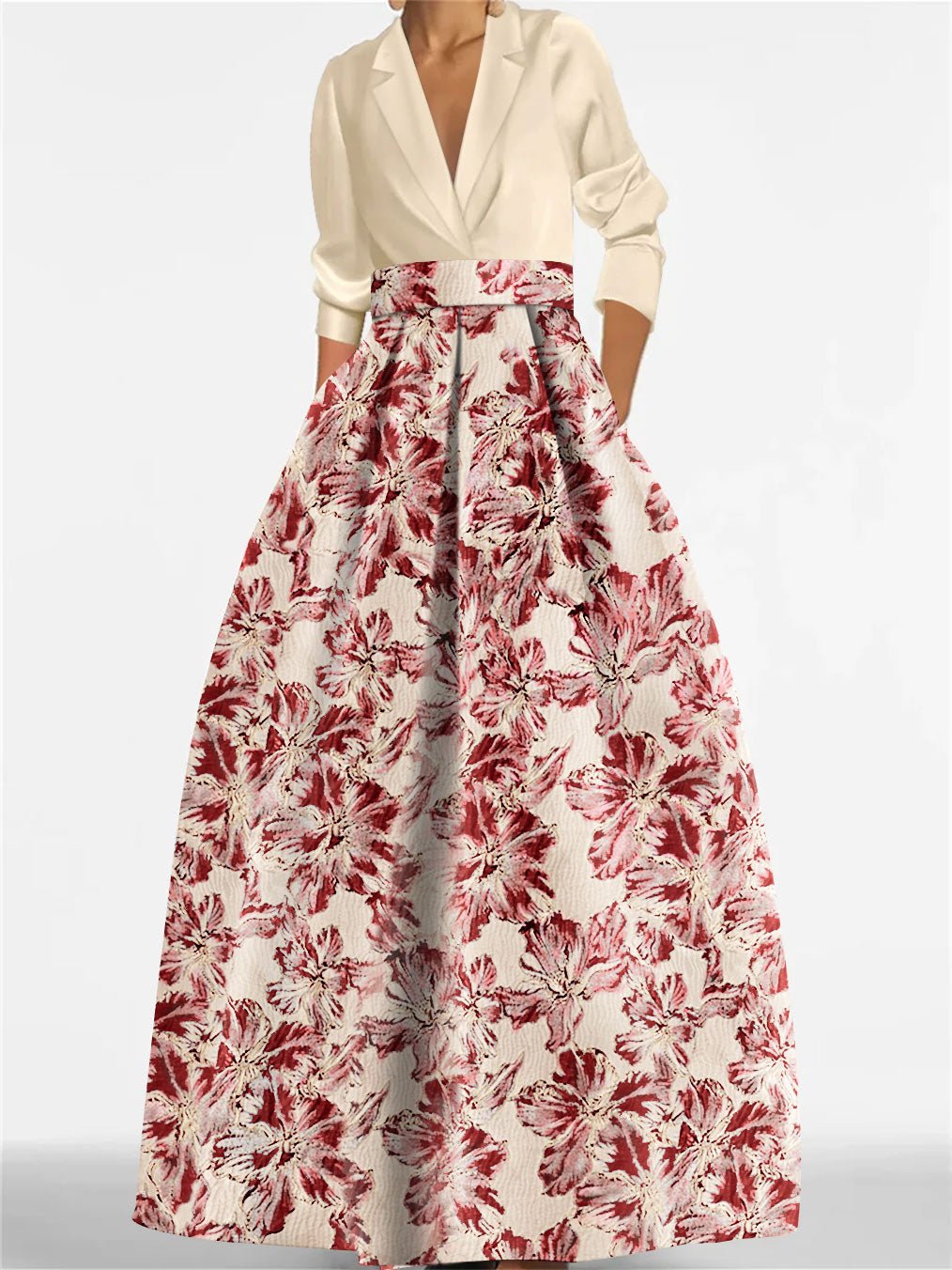 Elegant A-Line Mother of the Bride dress featuring 3/4 sleeves and a delicate floral print, perfect for a stylish wedding ensemble. 8