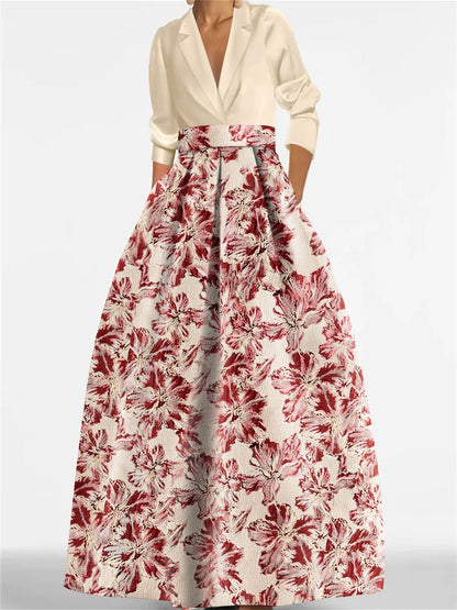 Elegant A-Line Mother of the Bride dress featuring 3/4 sleeves and a delicate floral print, perfect for a stylish wedding ensemble. 8
