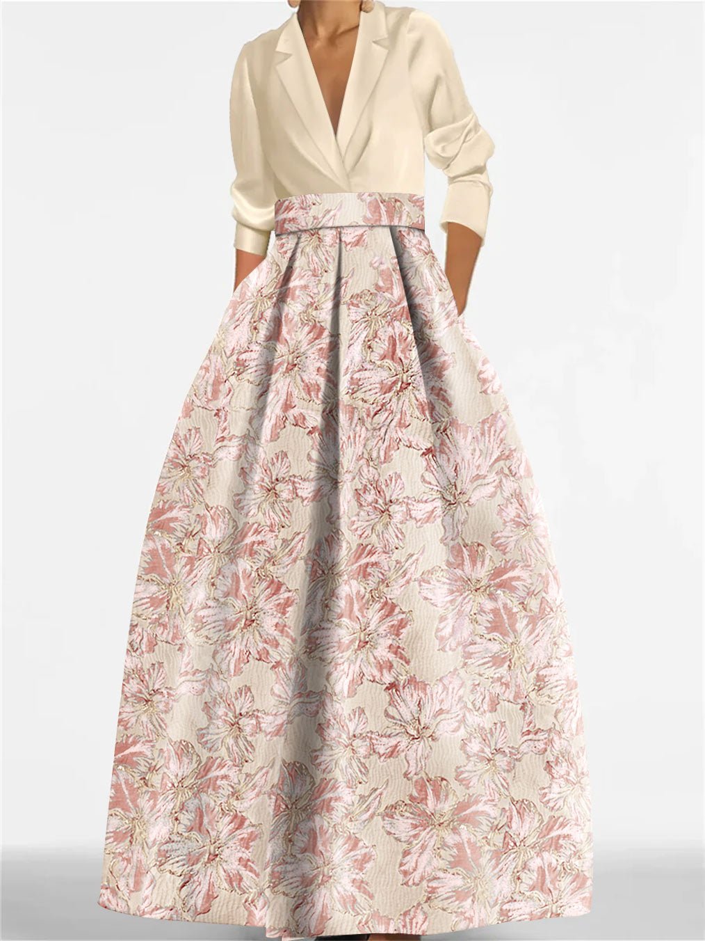 Elegant A-Line Mother of the Bride dress featuring 3/4 sleeves and a delicate floral print, perfect for a stylish wedding ensemble. 7