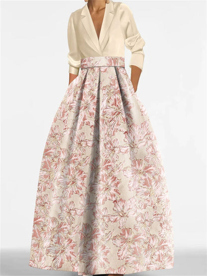 Elegant A-Line Mother of the Bride dress featuring 3/4 sleeves and a delicate floral print, perfect for a stylish wedding ensemble. 7