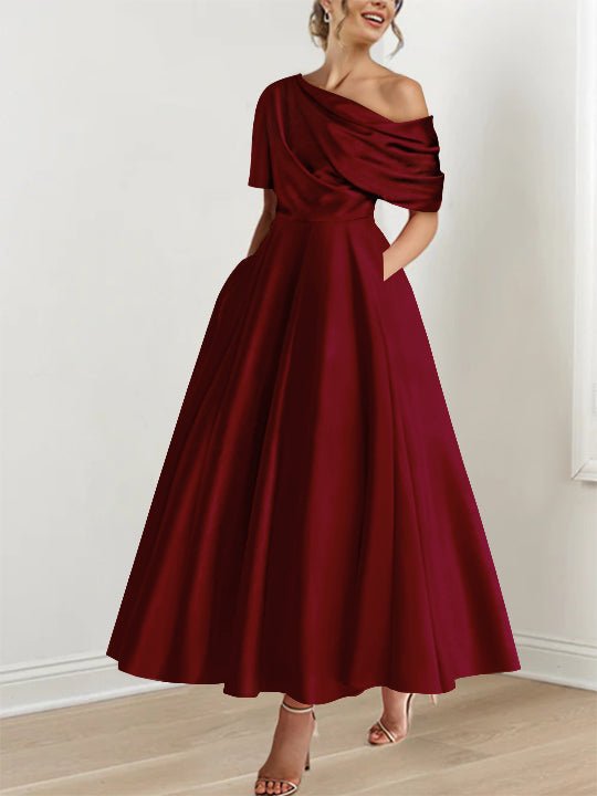Elegant olive green A-Line Mother of the Bride dress featuring ruffles, crafted from luxurious silk satin, with a stylish one-shoulder design and ankle 8