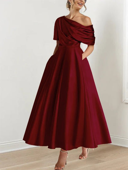 Elegant olive green A-Line Mother of the Bride dress featuring ruffles, crafted from luxurious silk satin, with a stylish one-shoulder design and ankle 8
