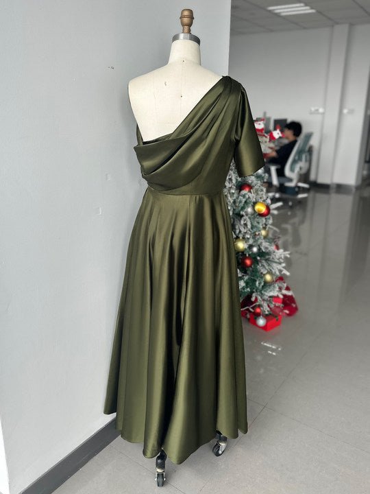 Elegant olive green A-Line Mother of the Bride dress featuring ruffles, crafted from luxurious silk satin, with a stylish one-shoulder design and ankle 5