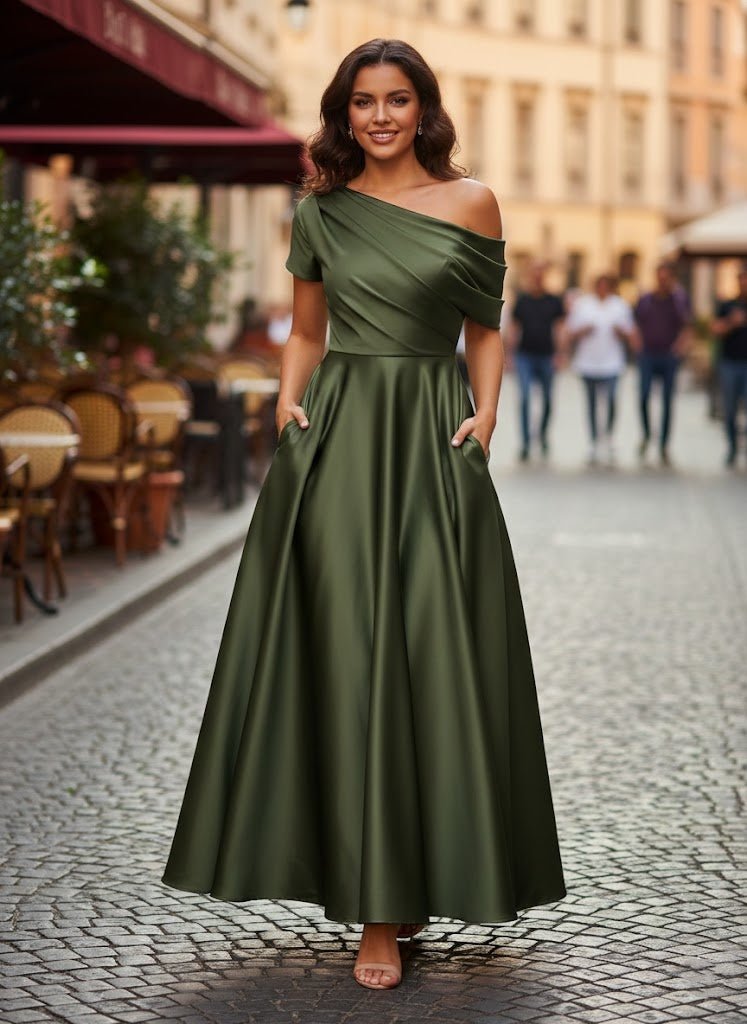 Elegant olive green A-Line Mother of the Bride dress featuring ruffles, crafted from luxurious silk satin, with a stylish one-shoulder design and ankle 3