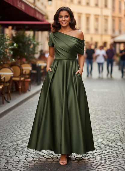 Elegant olive green A-Line Mother of the Bride dress featuring ruffles, crafted from luxurious silk satin, with a stylish one-shoulder design and ankle 3