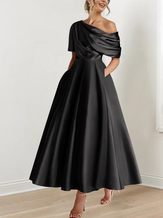 Elegant olive green A-Line Mother of the Bride dress featuring ruffles, crafted from luxurious silk satin, with a stylish one-shoulder design and ankle 6