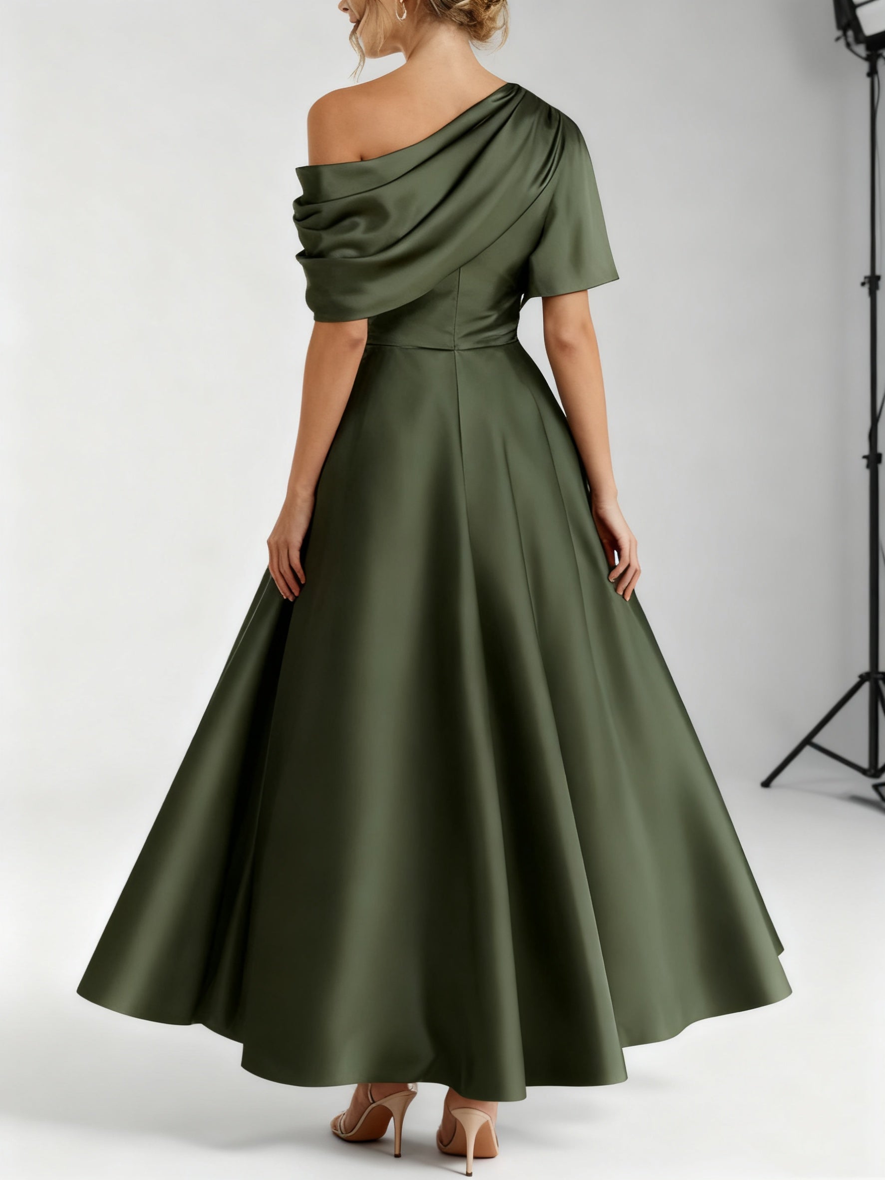 Elegant olive green A-Line Mother of the Bride dress featuring ruffles, crafted from luxurious silk satin, with a stylish one-shoulder design and ankle 1