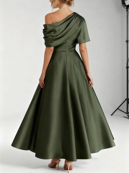 Elegant olive green A-Line Mother of the Bride dress featuring ruffles, crafted from luxurious silk satin, with a stylish one-shoulder design and ankle 1
