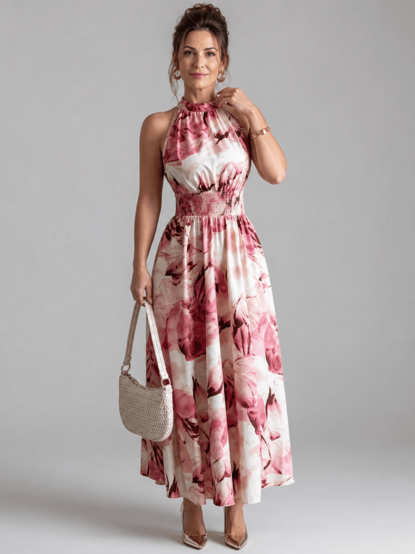 Abstract print midi dress featuring a halter neckline and defined waist, designed with lightweight, flowing fabric for a comfortable and stylish look. 7