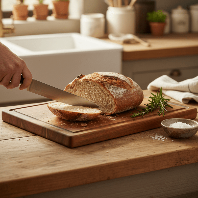 Acacia wood cutting board with a knife-friendly surface, durable design for cooking and serving, measuring 38 x 26 cm. 6