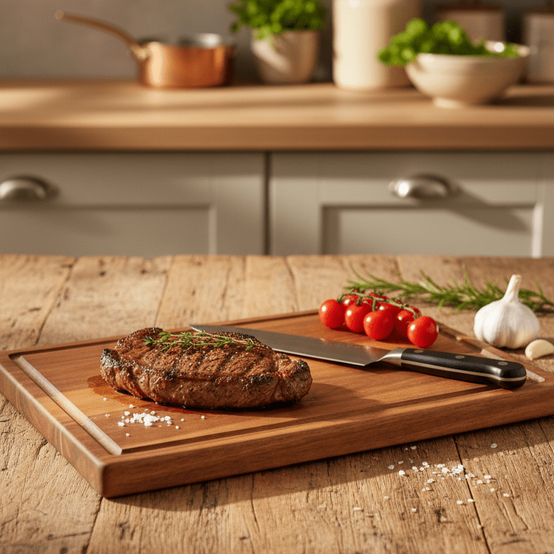 Acacia wood cutting board with a knife-friendly surface, durable design for cooking and serving, measuring 38 x 26 cm. 3