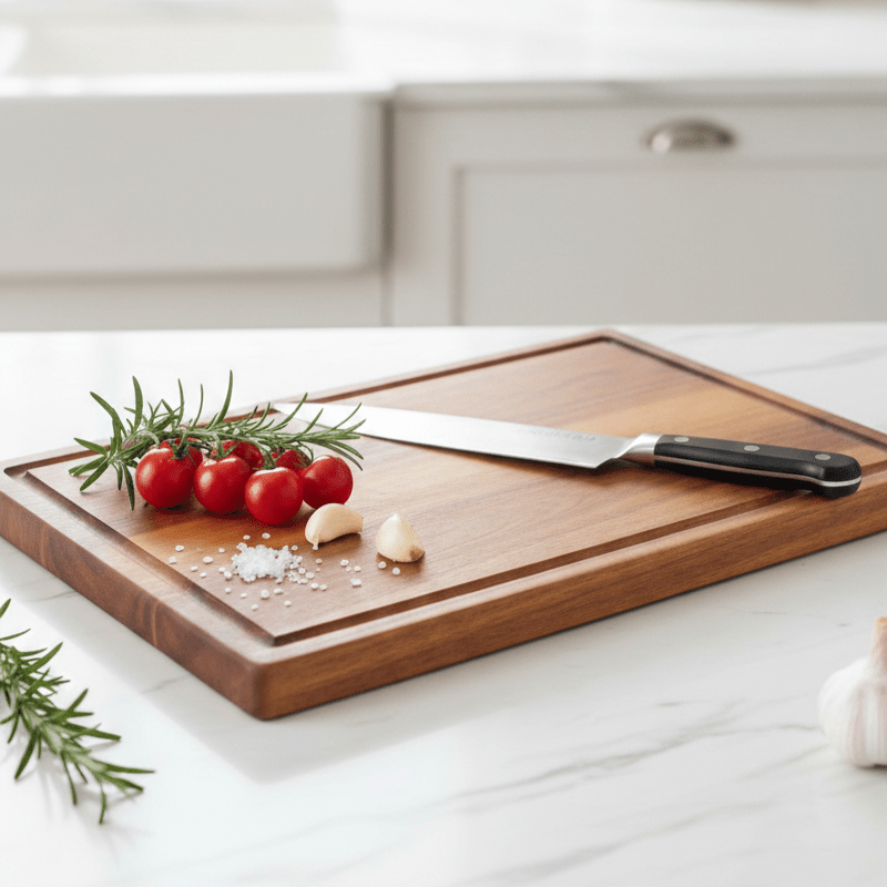 Acacia wood cutting board with a knife-friendly surface, durable design for cooking and serving, measuring 38 x 26 cm. 4