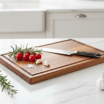 Acacia wood cutting board with a knife-friendly surface, durable design for cooking and serving, measuring 38 x 26 cm. 4