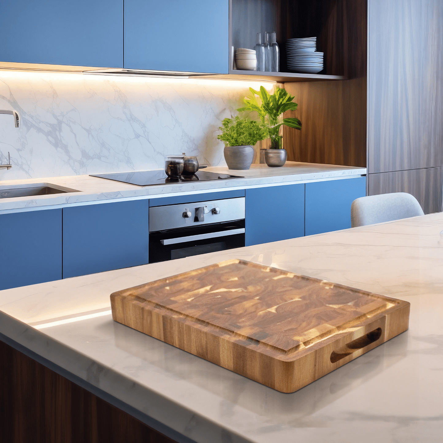 Acacia wood cutting board with a knife-friendly surface, ideal for kitchen prep and durable chopping tasks. 3