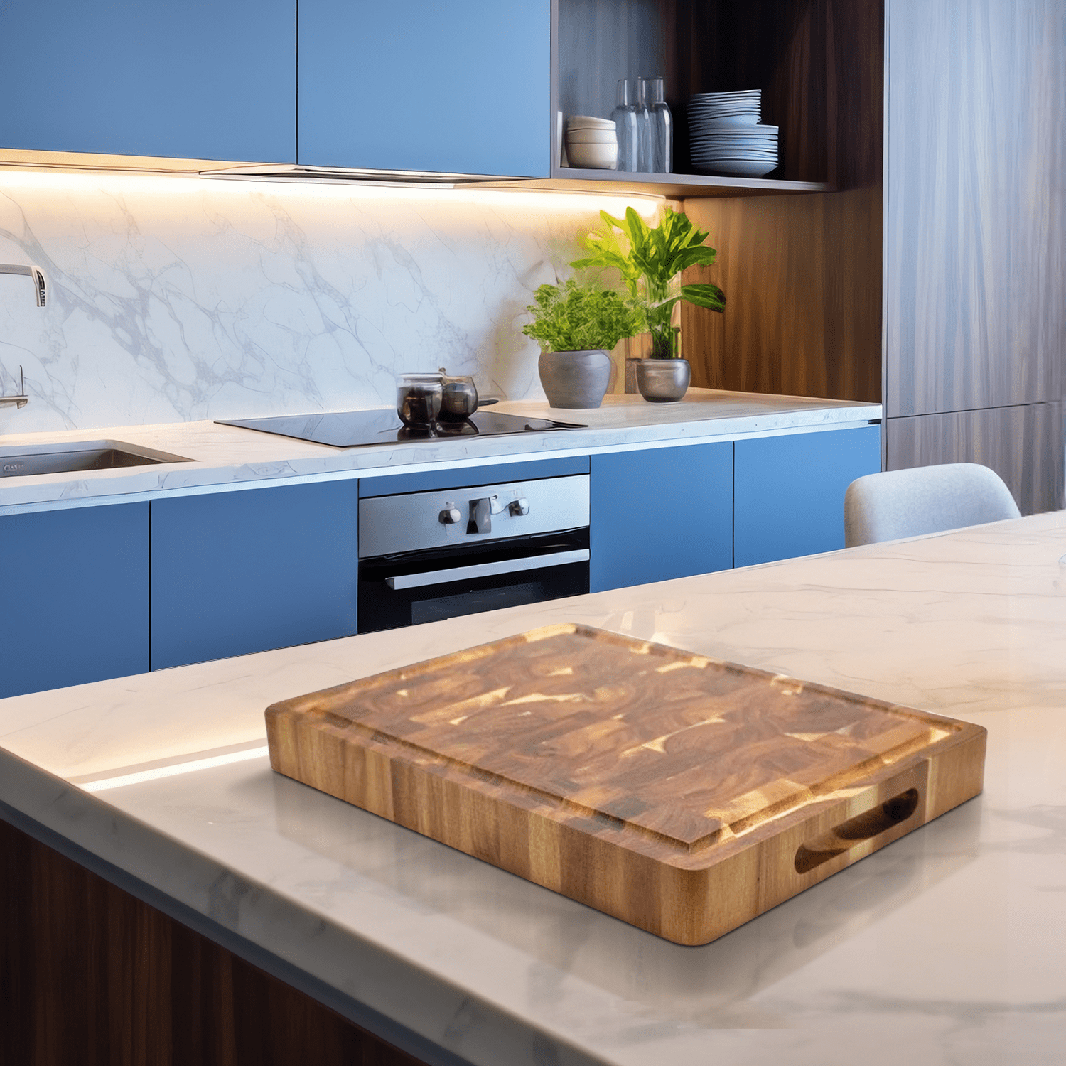 Acacia wood cutting board with a knife-friendly surface, ideal for kitchen prep and durable chopping tasks. 3