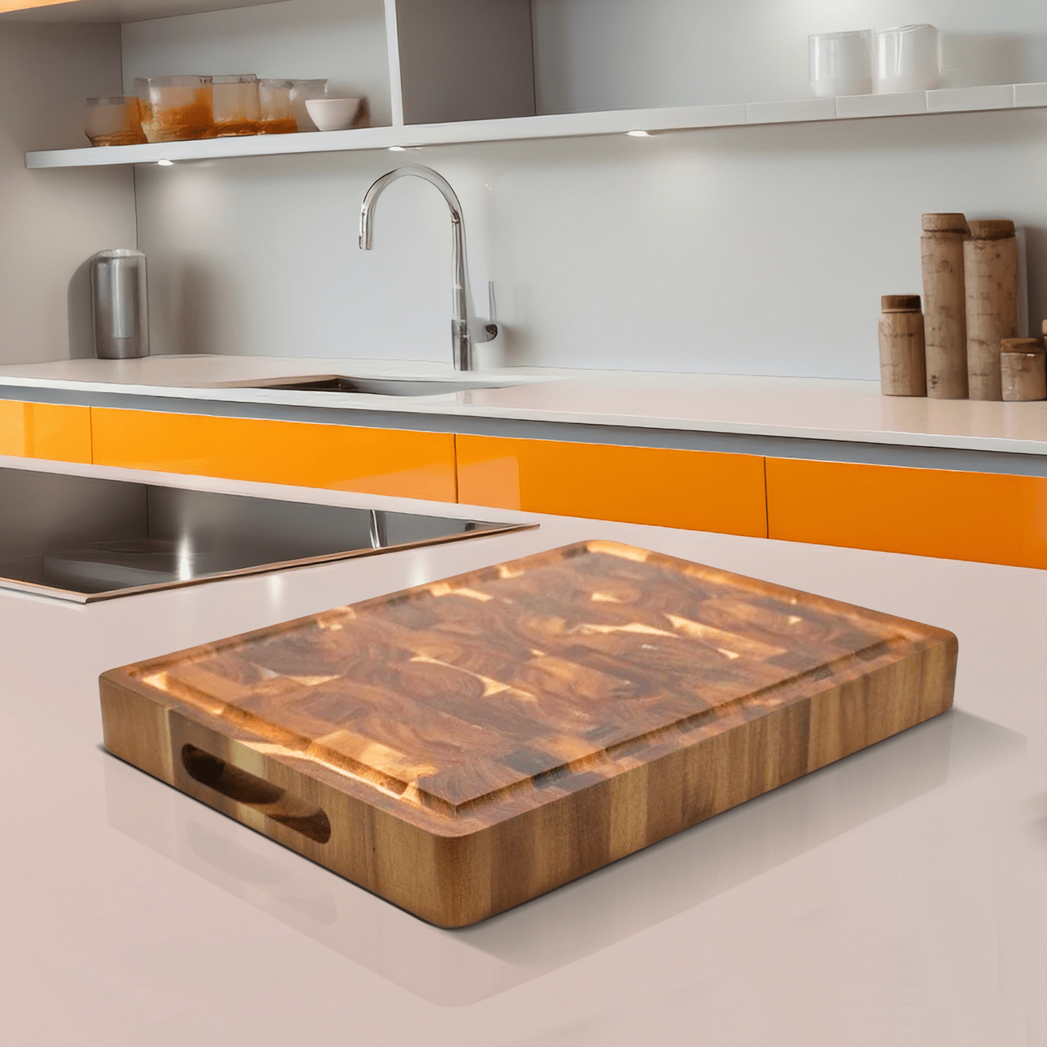 Acacia wood cutting board with a knife-friendly surface, ideal for kitchen prep and durable chopping tasks. 1