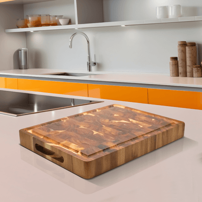 Acacia wood cutting board with a knife-friendly surface, ideal for kitchen prep and durable chopping tasks. 1