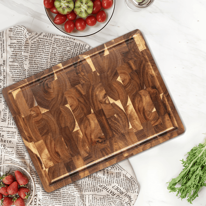 Acacia wood cutting board with a knife-friendly surface, ideal for kitchen prep and durable chopping tasks. 5