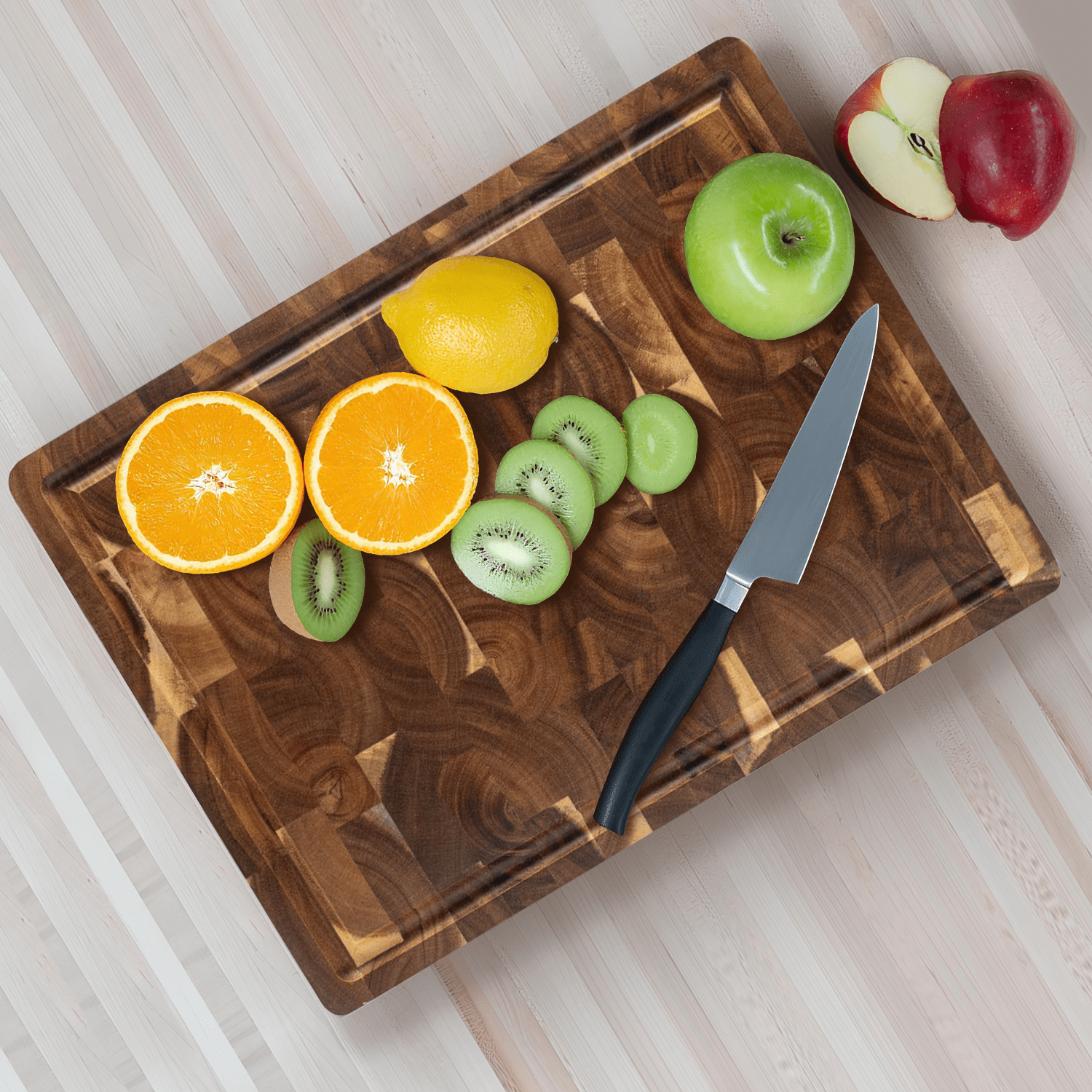 Acacia wood cutting board with a knife-friendly surface, ideal for kitchen prep and durable chopping tasks. 7