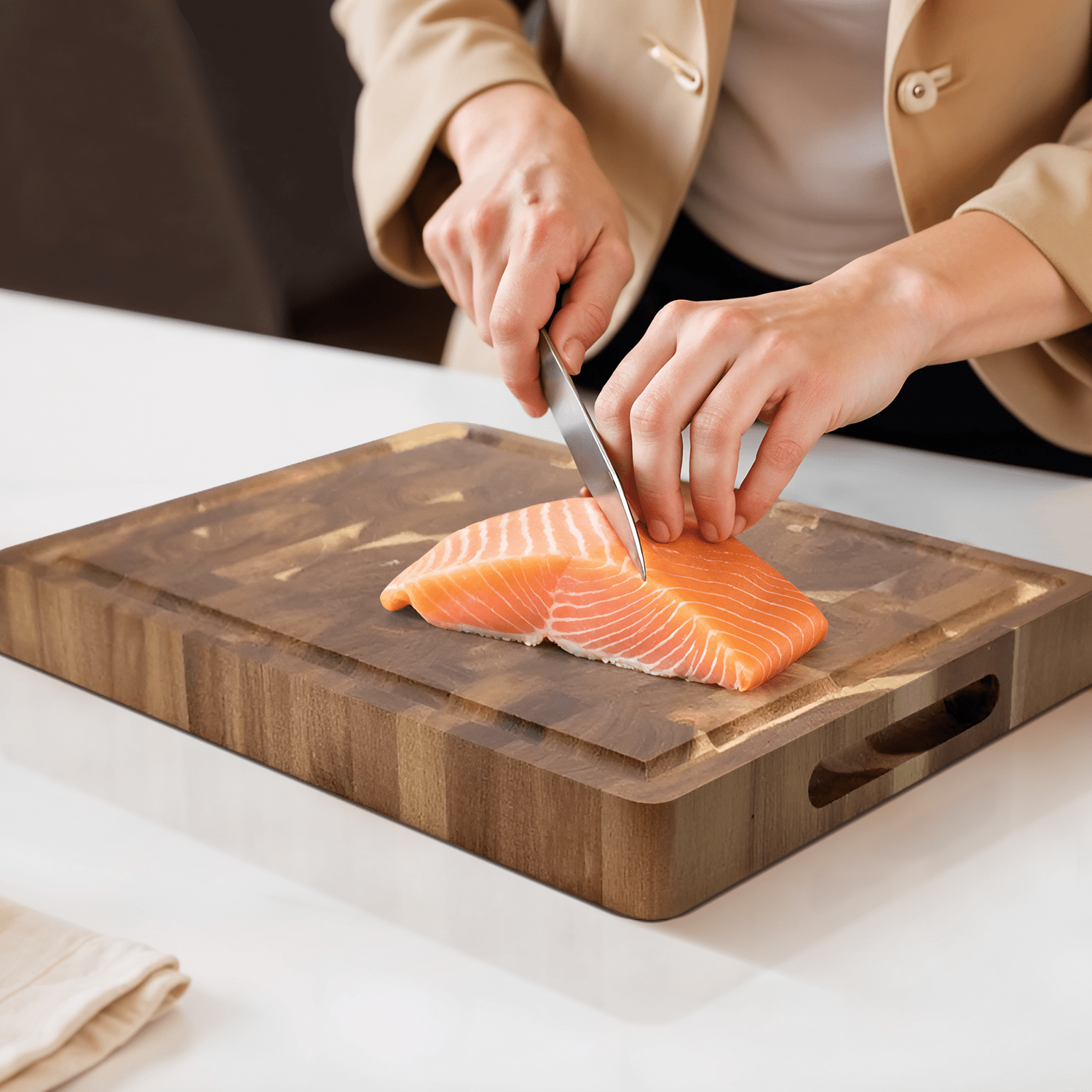 Acacia wood cutting board with a knife-friendly surface, ideal for kitchen prep and durable chopping tasks. 4