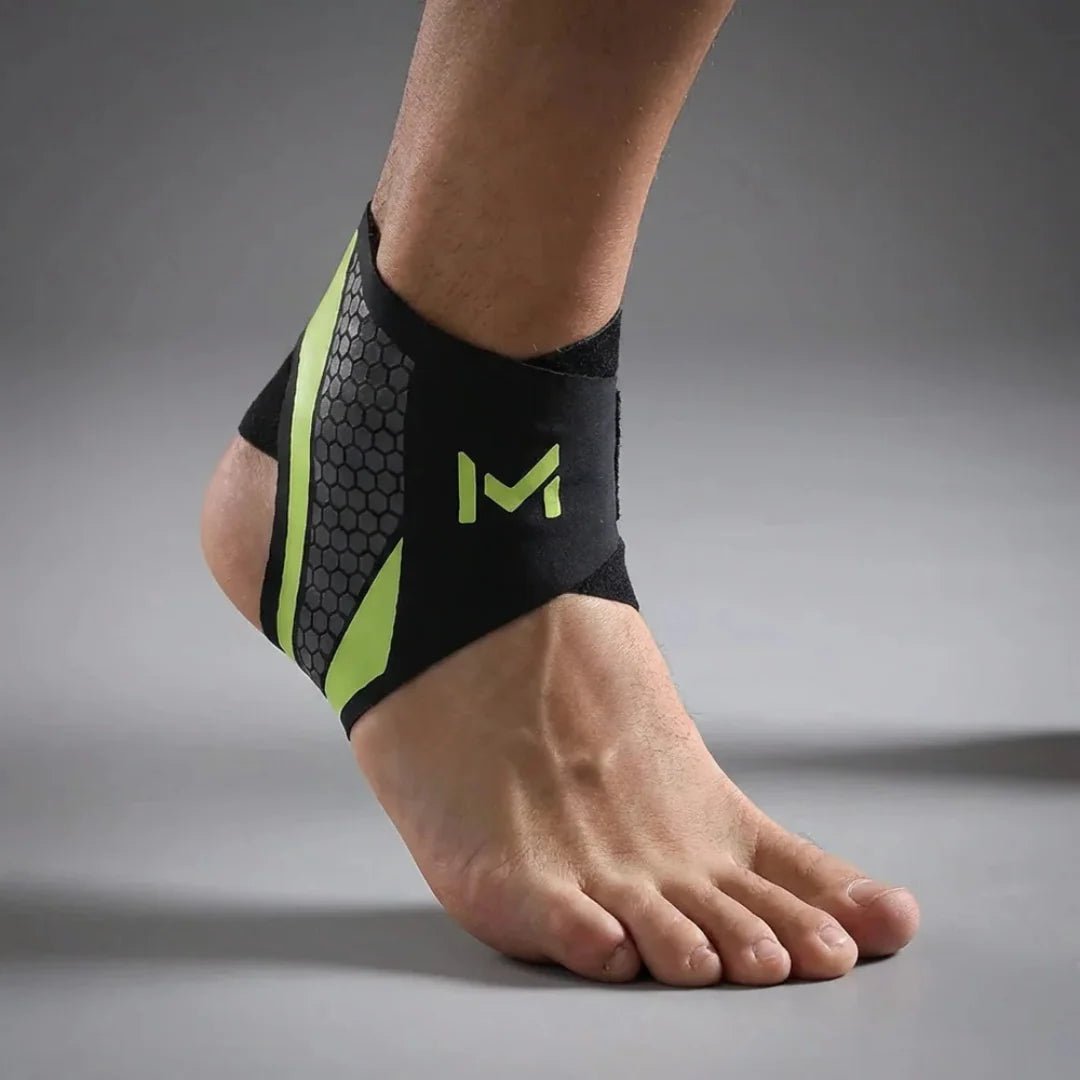 Adjustable ankle support sleeve made from flexible nylon blend, designed for targeted compression, ideal for sports and physical activities. 10