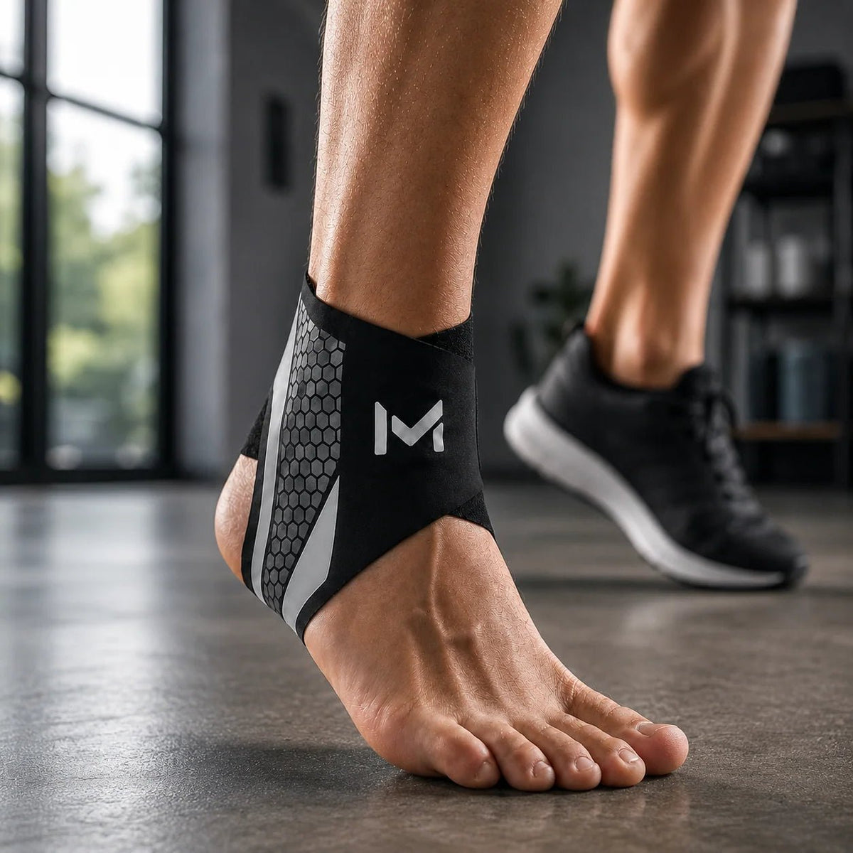Adjustable ankle support sleeve made from flexible nylon blend, designed for targeted compression, ideal for sports and physical activities. 1