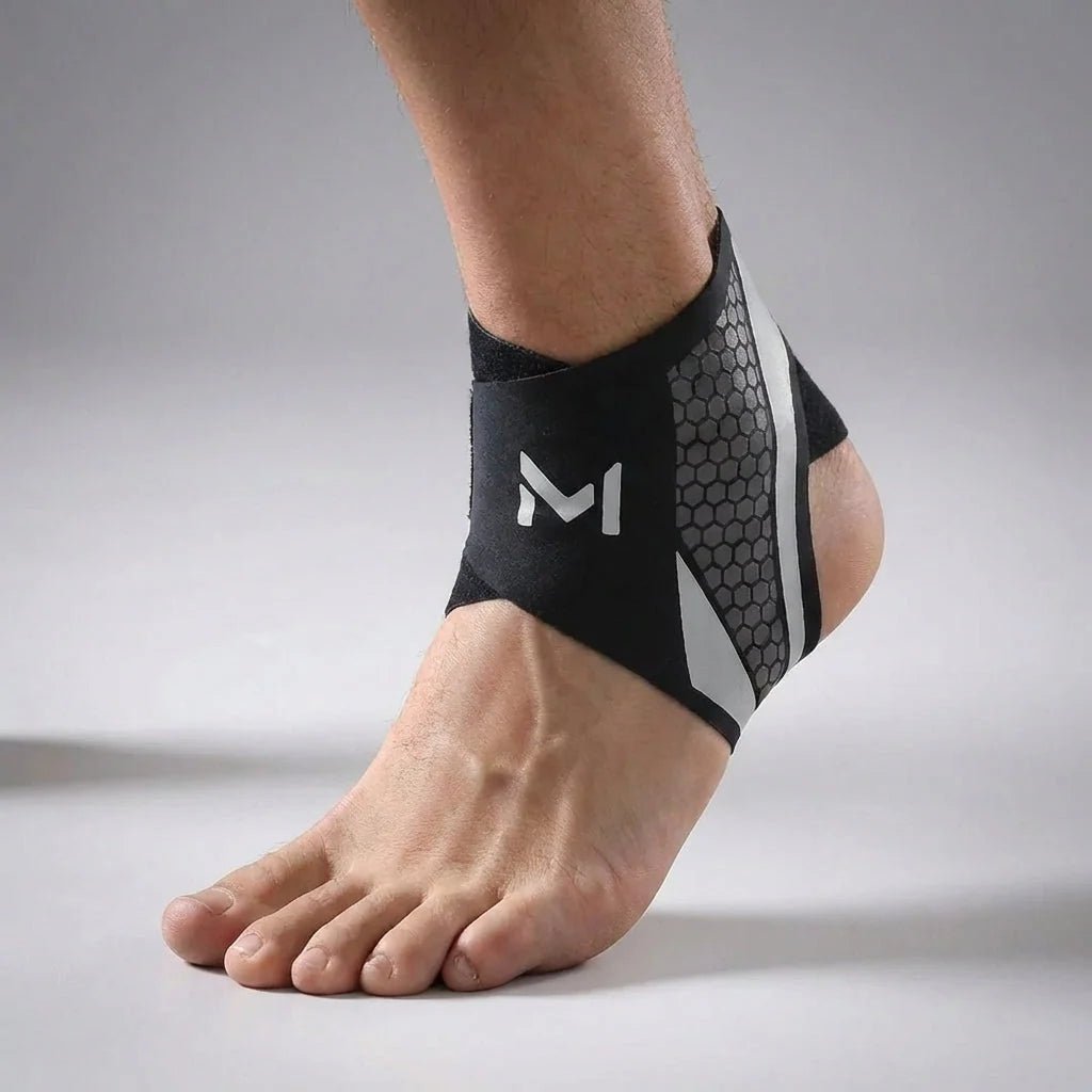 Adjustable ankle support sleeve made from flexible nylon blend, designed for targeted compression, ideal for sports and physical activities. 9