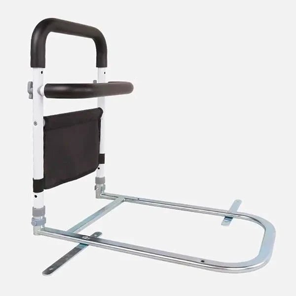 Adjustable bed rail for elderly support featuring a non-slip grip, built-in storage bag, and height adjustability for enhanced safety and convenience. 3