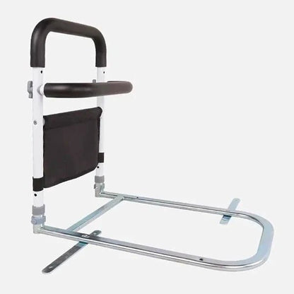 Adjustable bed rail for elderly support featuring a non-slip grip, built-in storage bag, and height adjustability for enhanced safety and convenience. 3
