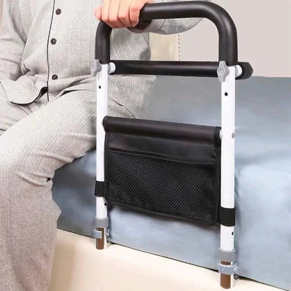 Adjustable bed rail for elderly support featuring a non-slip grip, built-in storage bag, and height adjustability for enhanced safety and convenience. 0