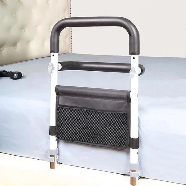 Adjustable bed rail for elderly support featuring a non-slip grip, built-in storage bag, and height adjustability for enhanced safety and convenience. 1