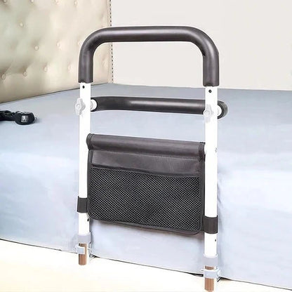 Adjustable bed rail for elderly support featuring a non-slip grip, built-in storage bag, and height adjustability for enhanced safety and convenience. 1