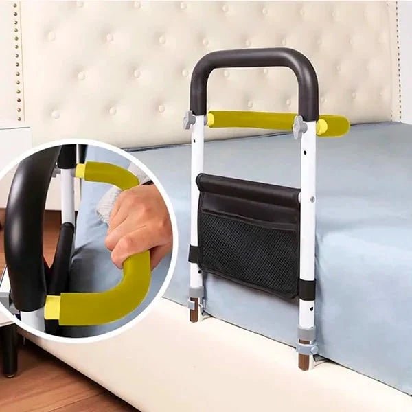 Adjustable bed rail for elderly support featuring a non-slip grip, built-in storage bag, and height adjustability for enhanced safety and convenience. 2
