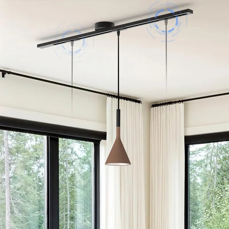 Adjustable ceiling rail for hanging lamp featuring a modern black and white design, 360° swivel capability, and a length of 99 cm. 3