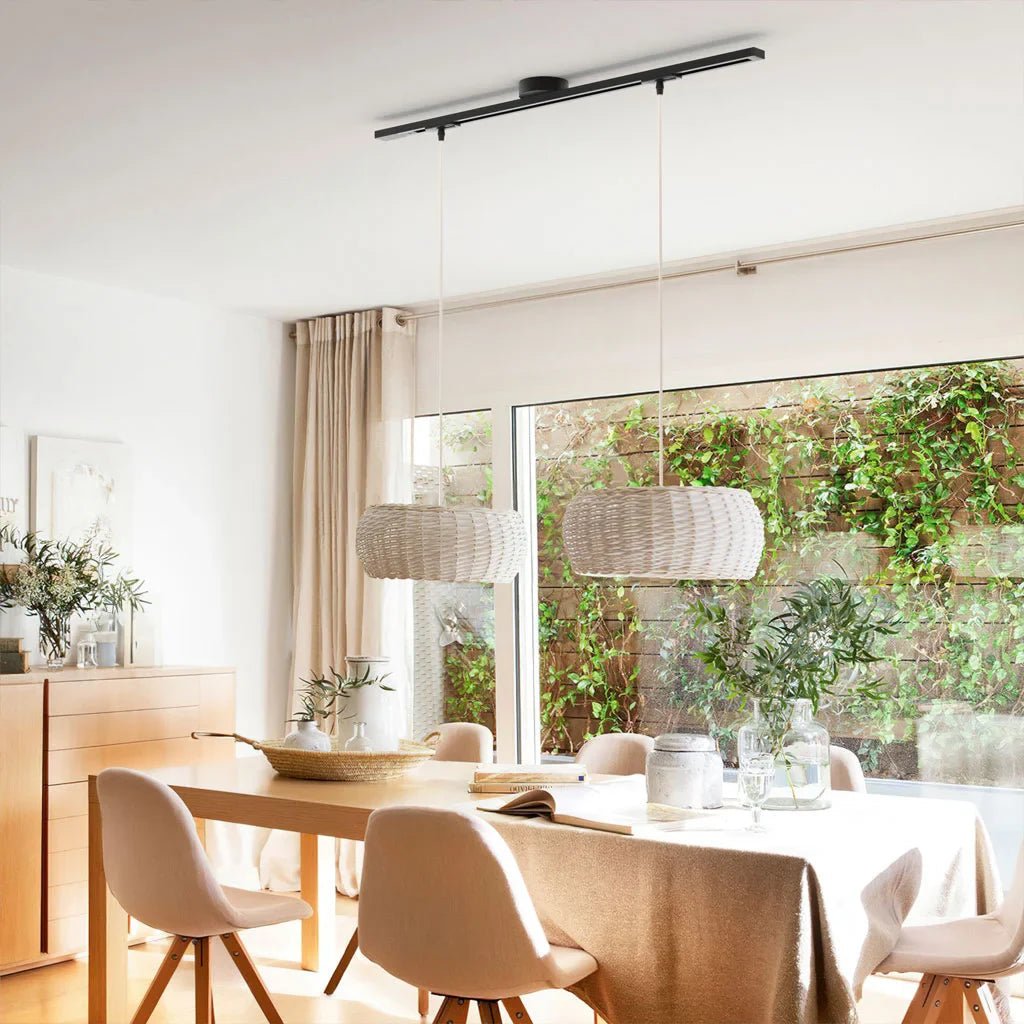 Adjustable ceiling rail for hanging lamp featuring a modern black and white design, 360° swivel capability, and a length of 99 cm. 5