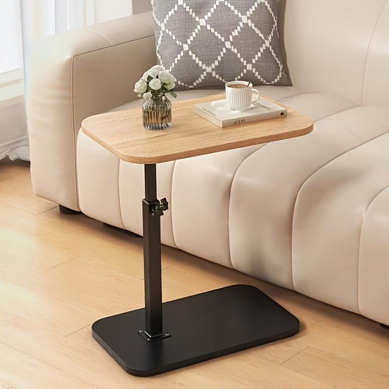 Adjustable height side table featuring a sleek wooden top and sturdy metal frame, designed for modern living rooms or bedrooms in a compact style. 4