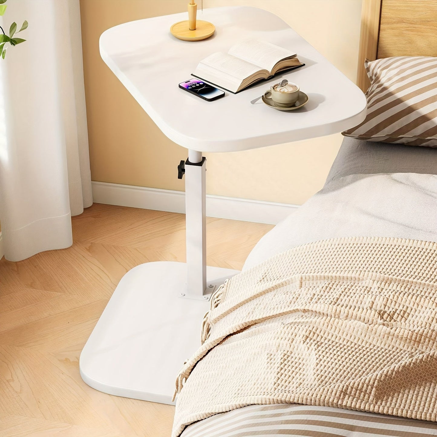 Adjustable height side table featuring a sleek wooden top and sturdy metal frame, designed for modern living rooms or bedrooms in a compact style. 9