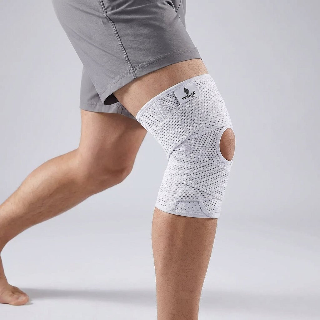 Adjustable knee support brace with dual side stabilizers made from breathable polyester for enhanced stability and comfort during physical activities. 0