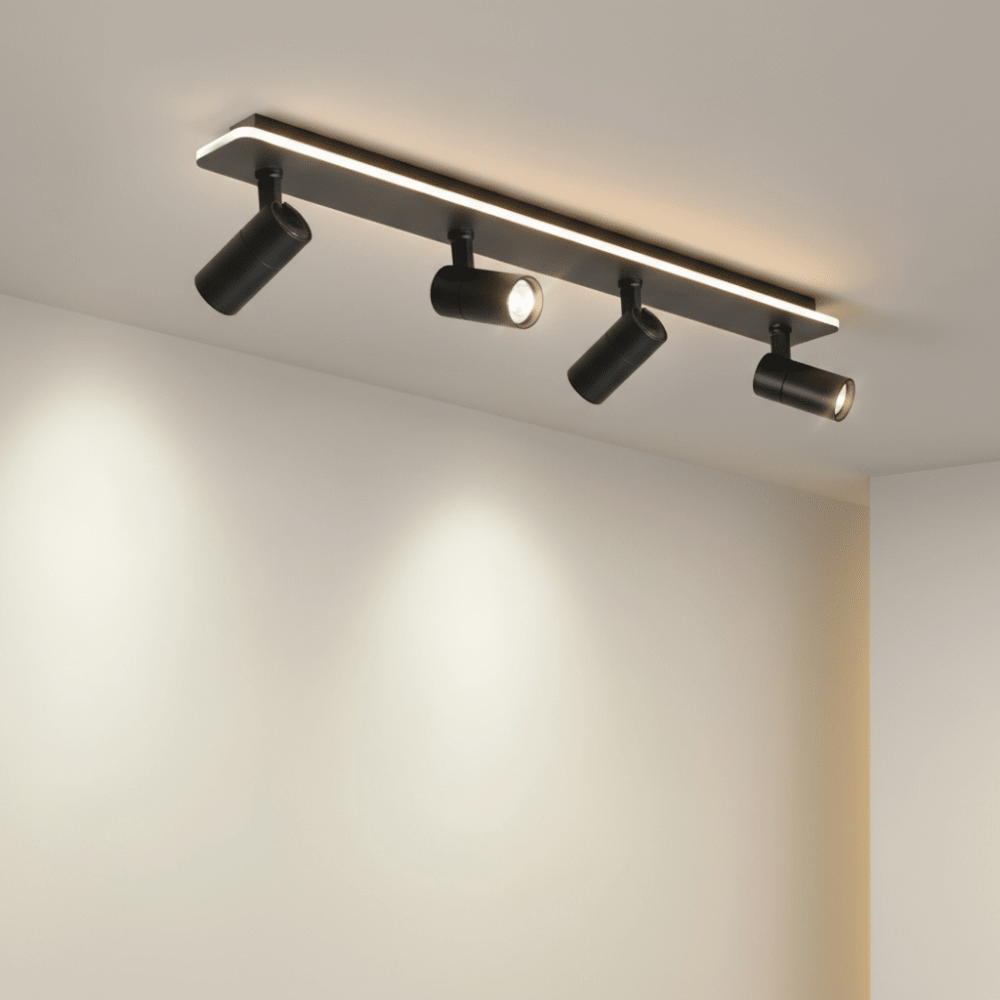 Adjustable LED ceiling lamp featuring a modern industrial design with a sleek metal finish, emitting warm white lighting for a cozy atmosphere. 3