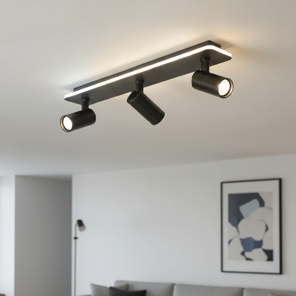 Adjustable LED ceiling lamp featuring a modern industrial design with a sleek metal finish, emitting warm white lighting for a cozy atmosphere. 1