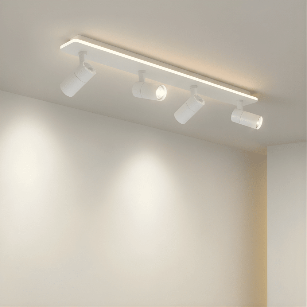 Adjustable LED ceiling lamp featuring a modern industrial design with a sleek metal finish, emitting warm white lighting for a cozy atmosphere. 8