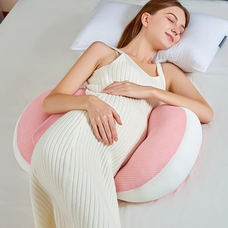 Adjustable maternity pillow featuring ergonomic dual cushions, designed for side sleepers, made with breathable polyester fabric for optimal comfort and support during pregnancy. 5