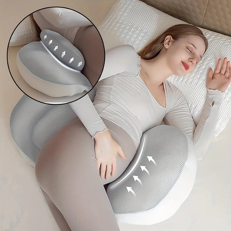 Adjustable maternity pillow featuring ergonomic dual cushions, designed for side sleepers, made with breathable polyester fabric for optimal comfort and support during pregnancy. 1