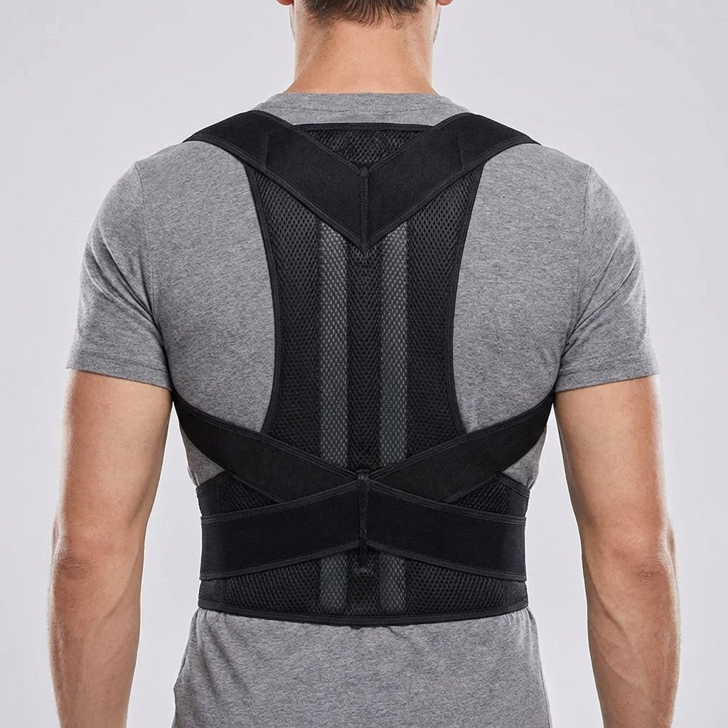 Adjustable posture corrector brace with lumbar support, featuring a breathable design for enhanced back support and comfort. 0