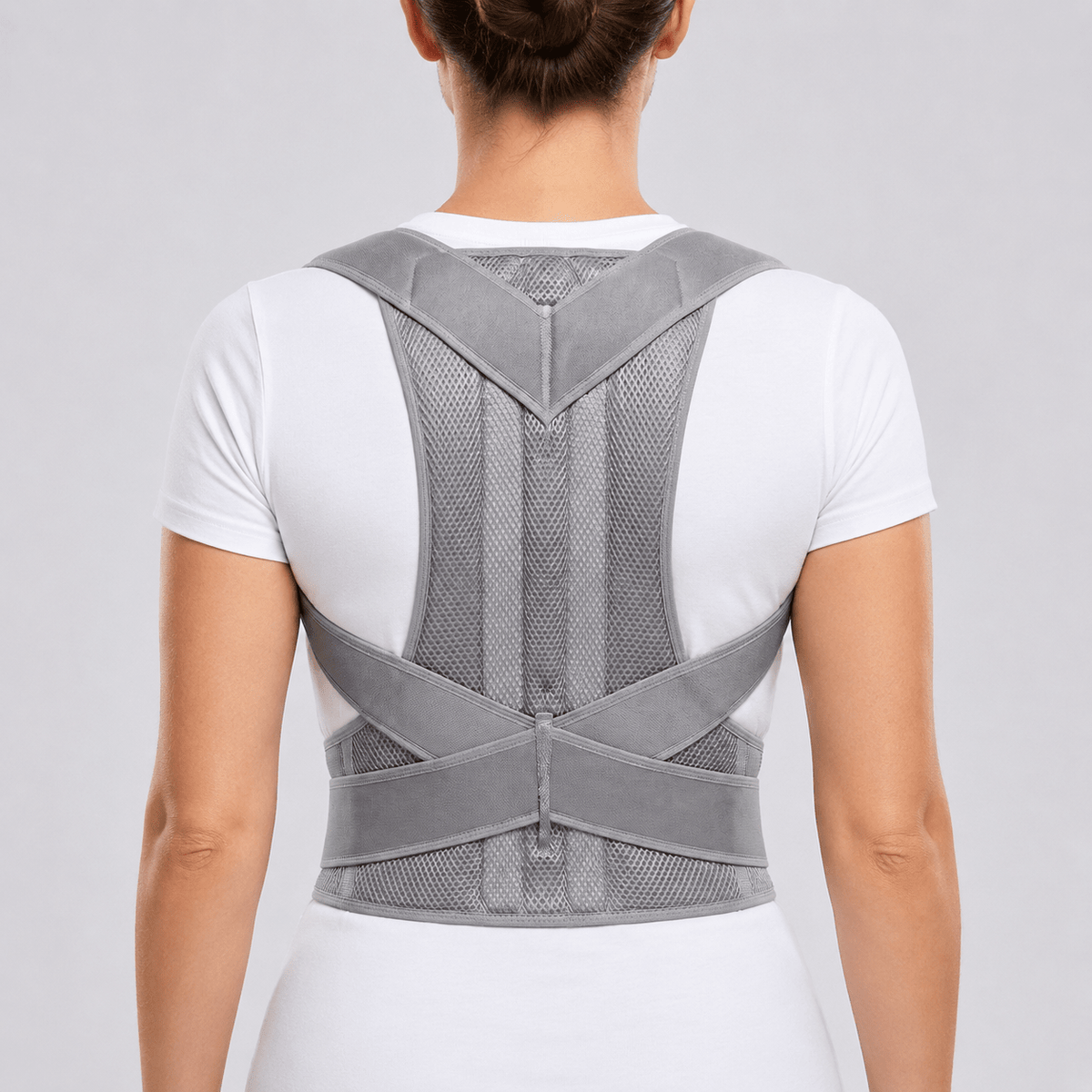 Adjustable posture corrector brace with lumbar support, featuring a breathable design for enhanced back support and comfort. 9
