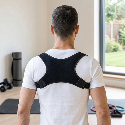 Adjustable shoulder support brace for posture correction in discreet black polyester, designed for comfort and support while improving posture. 1