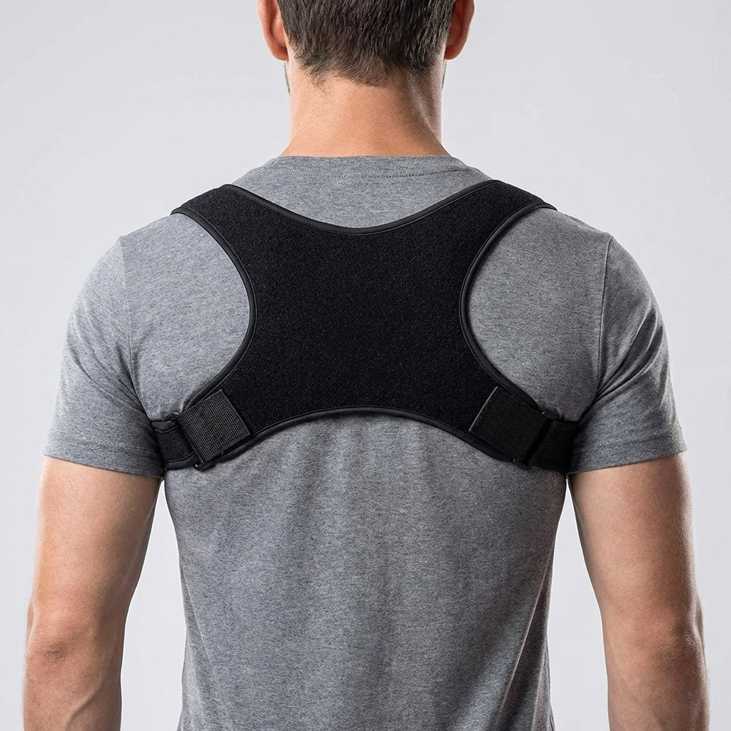 Adjustable shoulder support brace for posture correction in discreet black polyester, designed for comfort and support while improving posture. 0